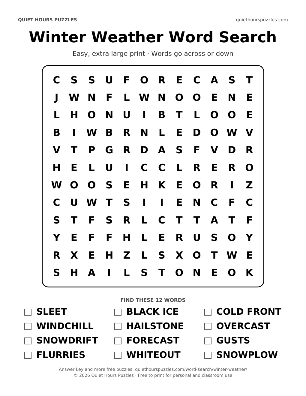 Preview of the easy winter weather word search page