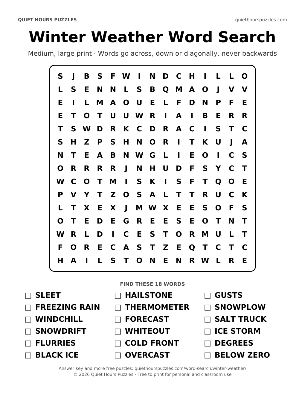 Preview of the medium winter weather word search page